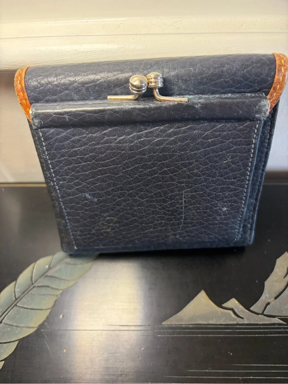 Vintage Dooney & Bourke Navy and Tan Leather Wallet with Coin Compartment